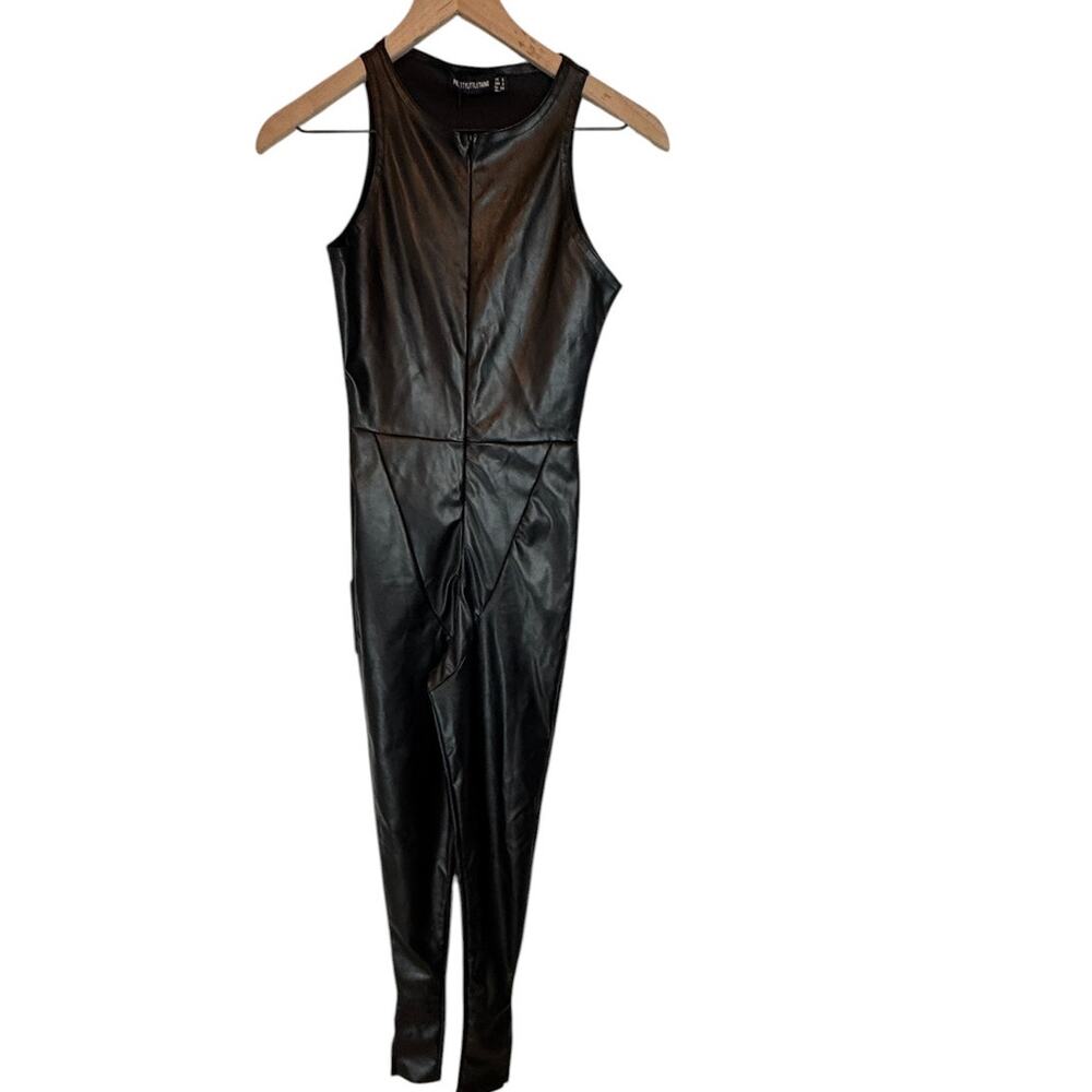 PrettyLittleThing Black PU Racer Neck Split Hem Jumpsuit Women’s Size 2 NWT